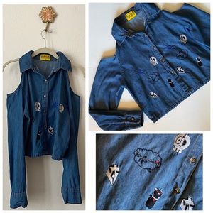 Skulls + Kitties Cold Shoulder Denim Top